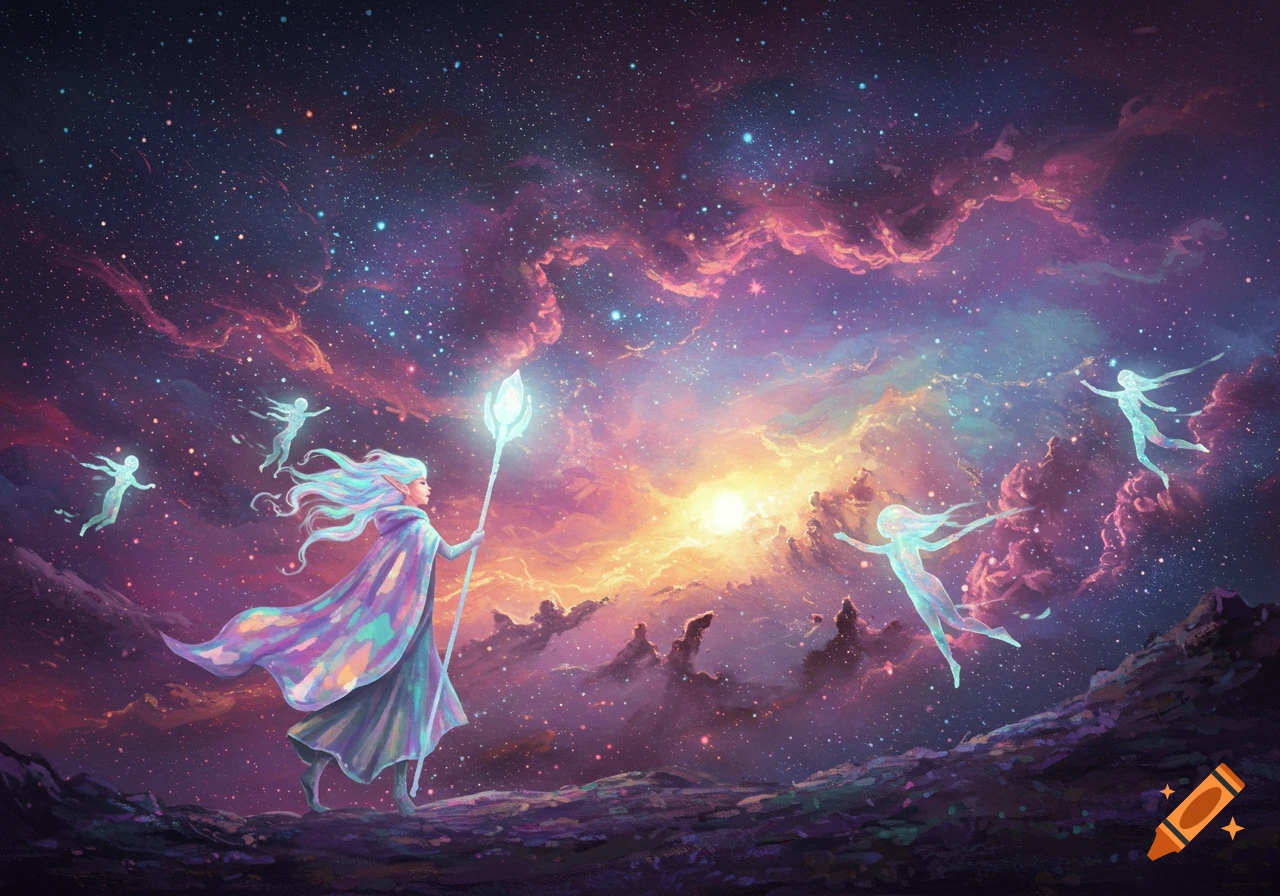 An elf-like figure with a glowing staff walks across a cosmic landscape filled with stars, nebulae, and ethereal spirits.