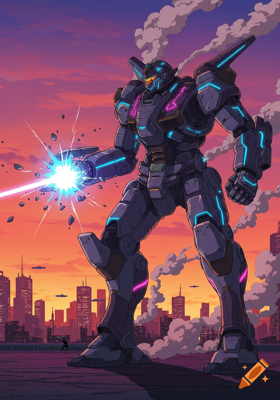 Giant anime mech suit firing a laser over a city at sunset.
