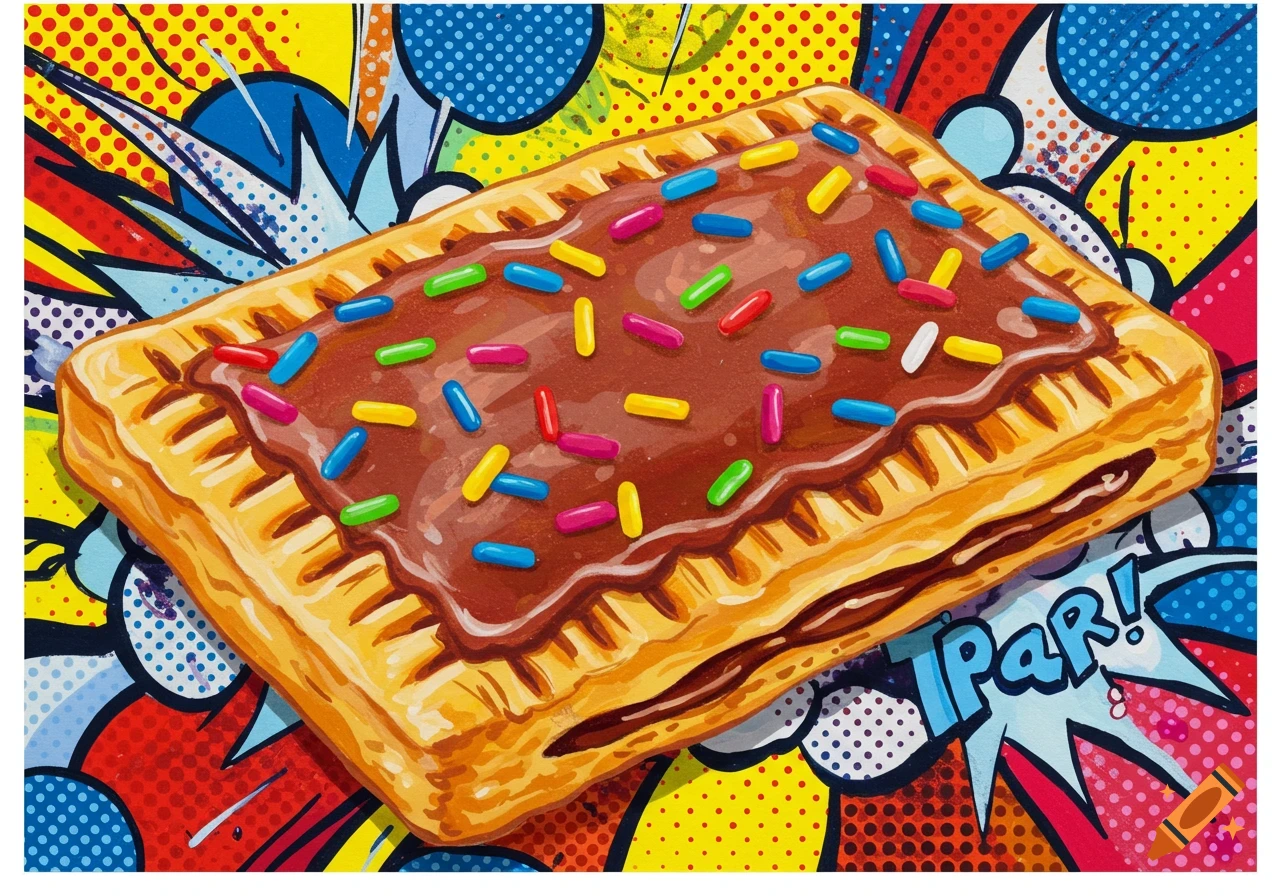 A chocolate frosted pop-tart with colorful sprinkles in a vibrant pop art style with comic book sound effects.