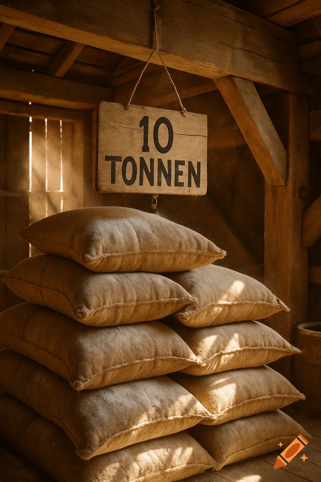 Photorealistic image of stacked burlap sacks in a rustic storage room, with a wooden sign reading '10 TONNEN' overhead.