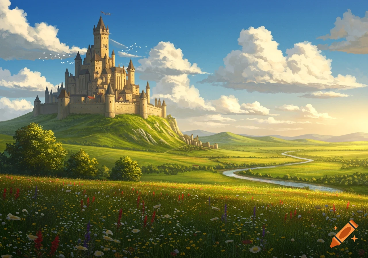 A majestic fantasy castle stands atop a green hill overlooking a vibrant wildflower meadow and winding river under a bright blue sky.
