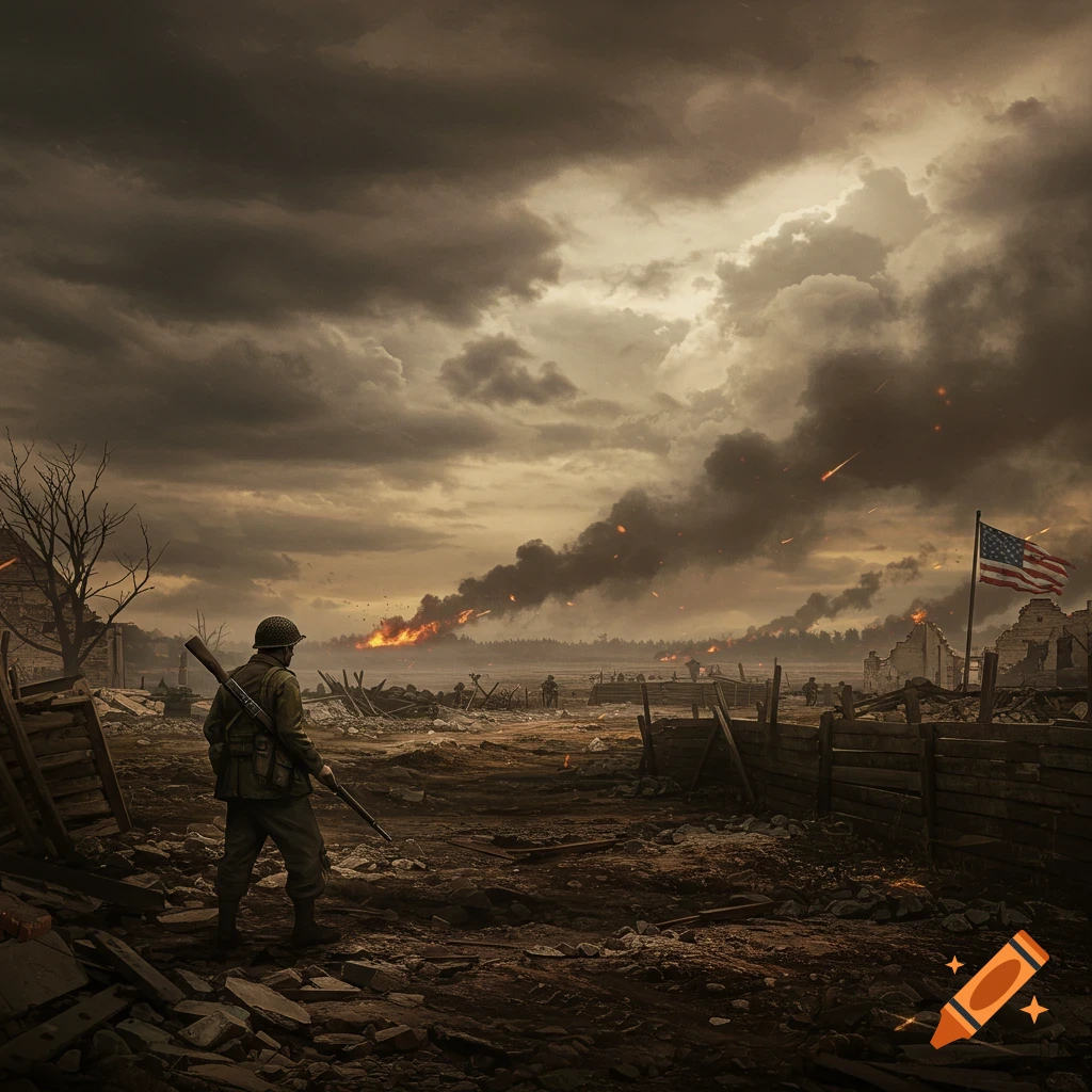 Army running through urban battle with nuclear explosion by the sea on  Craiyon, image size:1024x1024