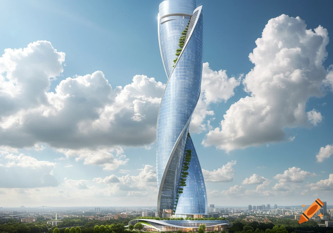A tall, twisted S-shaped glass skyscraper with vertical gardens stands over a city against a blue, cloudy sky.