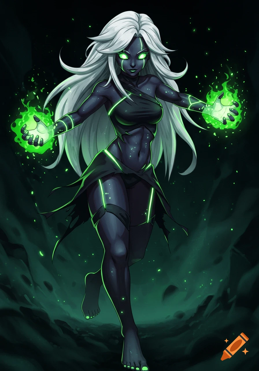 Anime-style character with dark skin, white hair, and glowing green eyes, wearing black attire with green accents, wielding green energy.