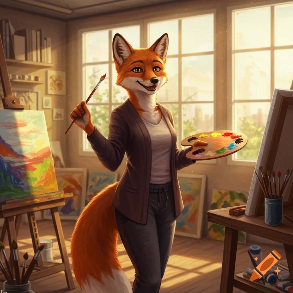 A smiling anthropomorphic female fox in an art studio, holding a paintbrush and a palette.