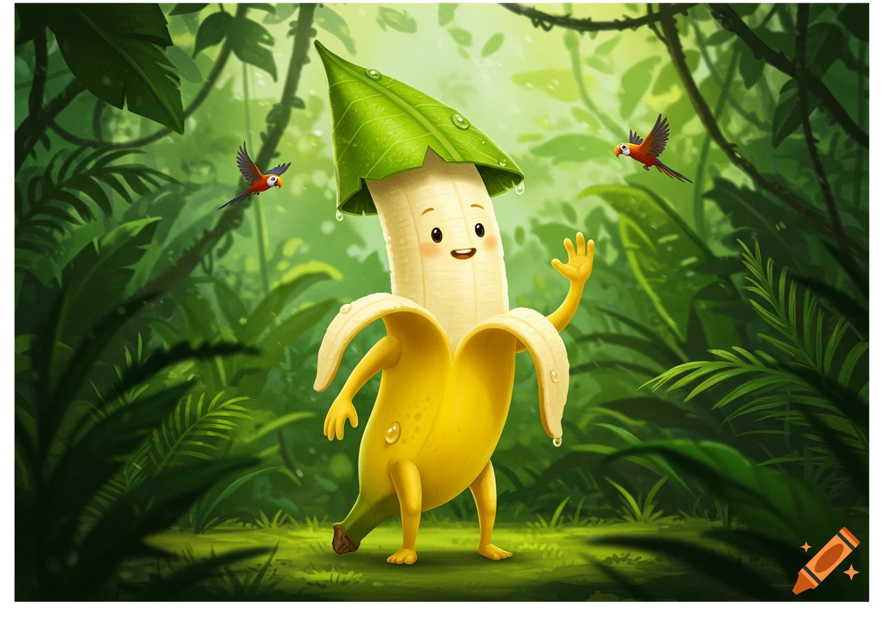 A friendly cartoon banana character wearing a leaf hat waves in a lush jungle setting with two flying parrots.