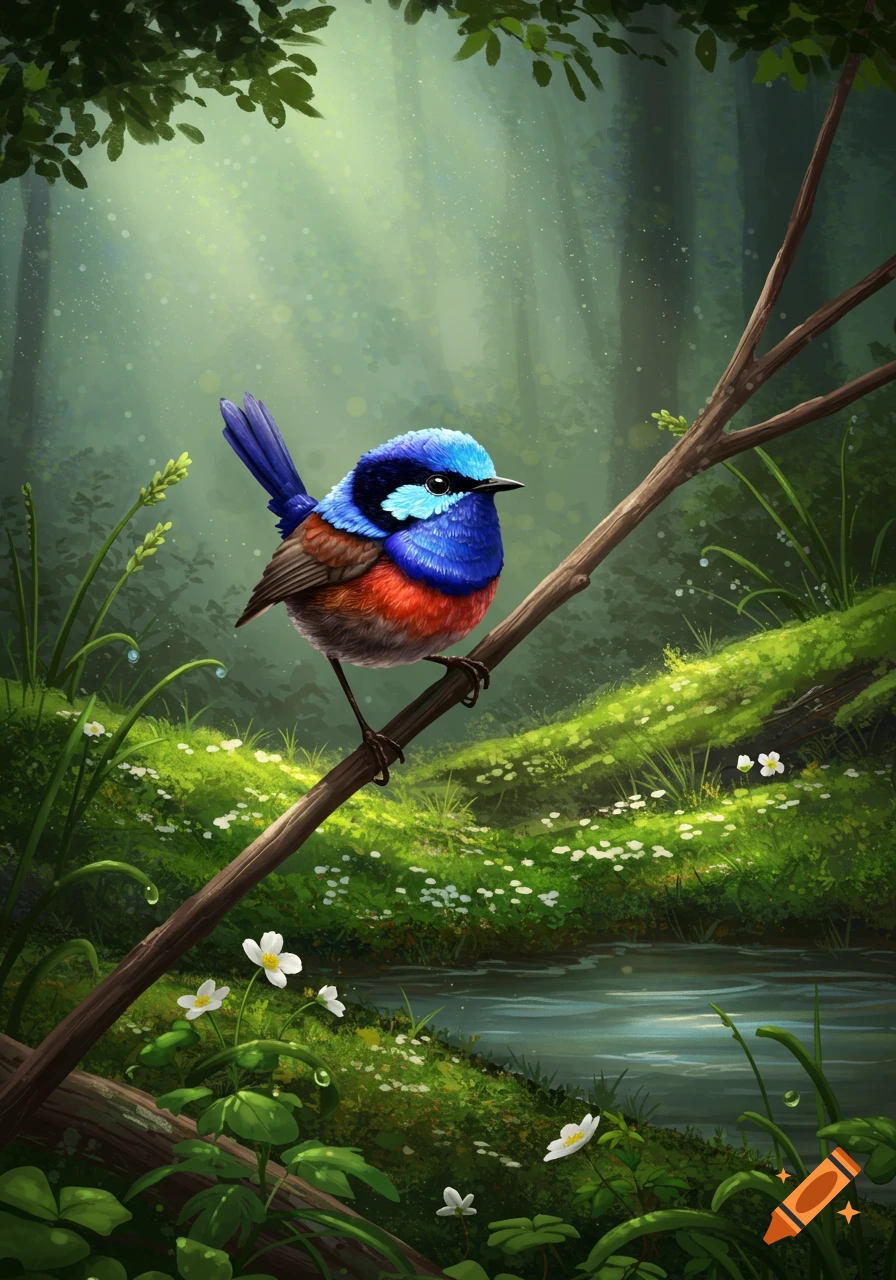A vibrant blue, red, and brown fairy wren perches on a branch in a lush, sunlit forest with a stream and white flowers.