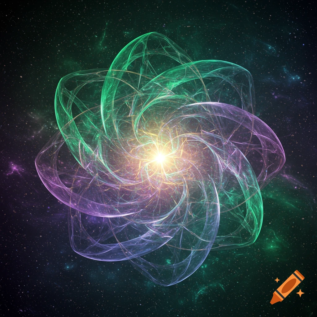 Abstract glowing fractal-like energy in green, purple, and blue swirls against a dark, starry space background.