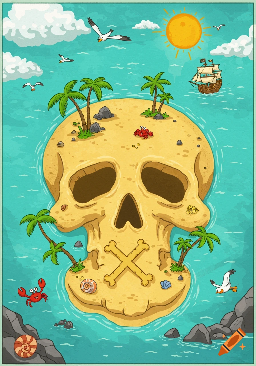 Cartoon map of a skull-shaped island with palm trees, crabs, a pirate ship, and seagulls under a sunny sky.
