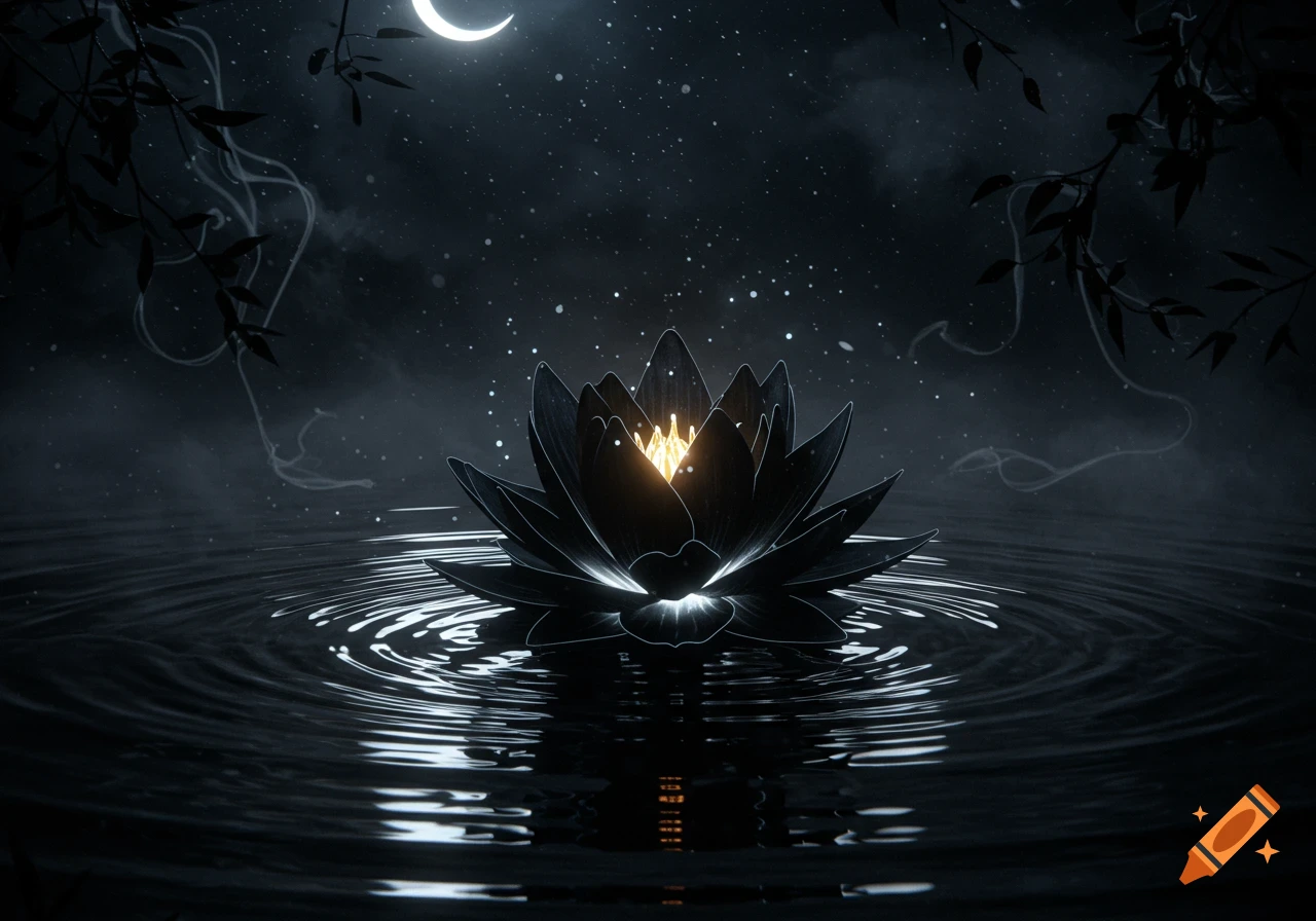 A glowing black lotus flower floats on dark water under a crescent moon and starry night sky.