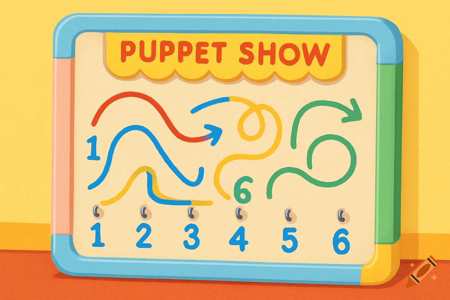 A colorful diagram of a puppet show board with numbered hooks and colored lines illustrating movement paths, in an educational style.