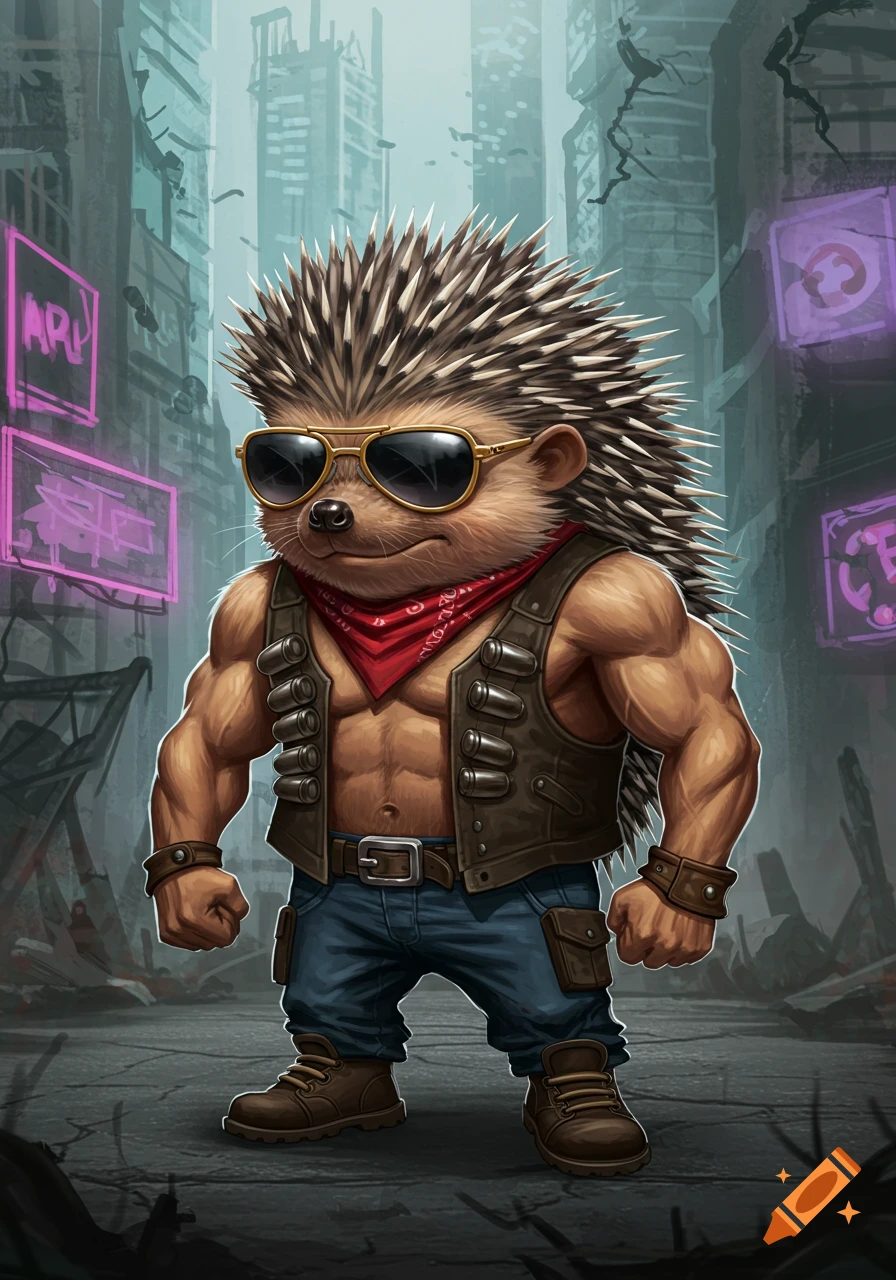 A muscular hedgehog with sunglasses, red bandana, vest, and jeans stands tough in a desolate city street.