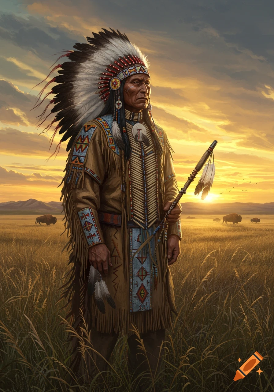 Native American man in traditional attire and feathered headdress, holding a staff, stands in a golden field with buffalo at sunset.