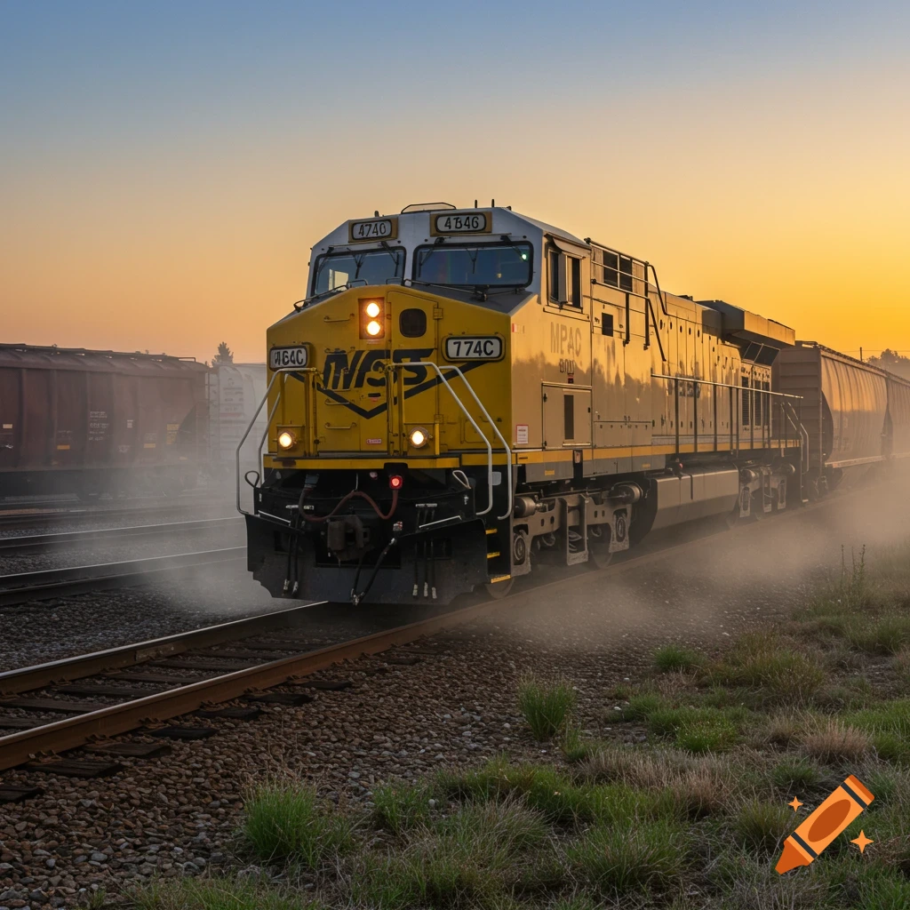 A yellow and gray train locomotive moves along tracks at sunset, with golden light reflecting off its side.