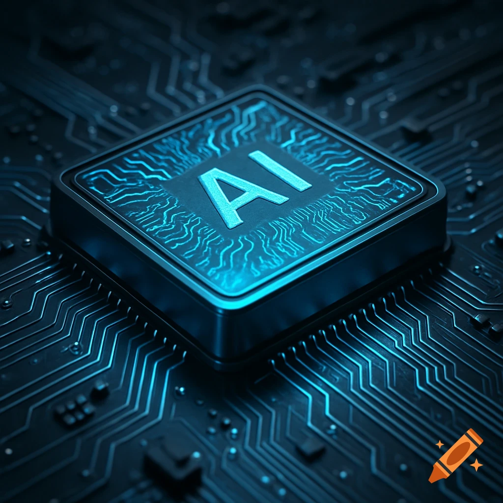 A close-up of a glowing blue computer chip with 'AI' written on it, set on a dark circuit board.