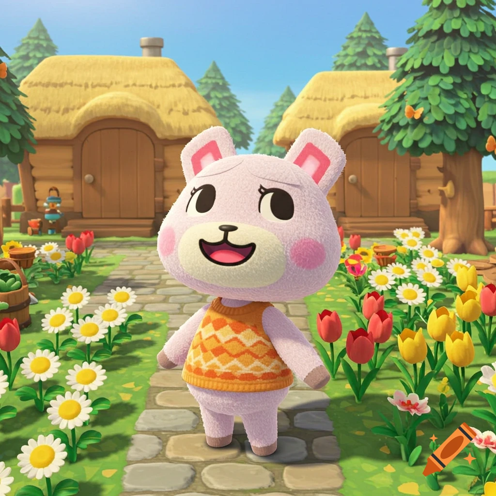 A light pink Animal Crossing character with rosy cheeks and an orange argyle sweater stands on a stone path amidst flowers, with thatched-roof houses in the background.