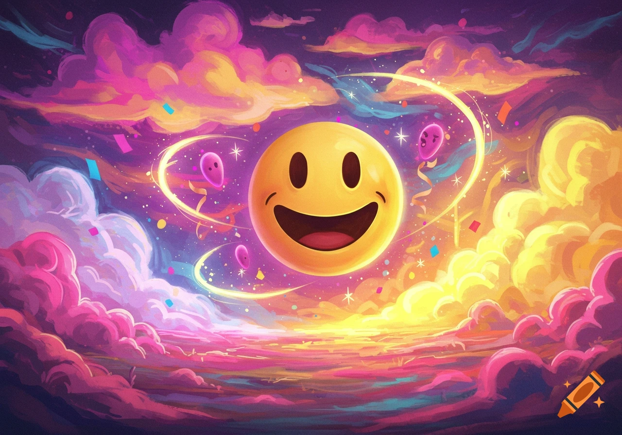 A cheerful yellow smiley face emoji floats amidst colorful clouds, confetti, and sparkling ribbons in a dreamy, vibrant illustration.