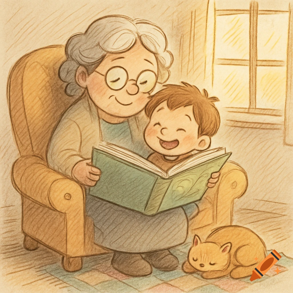 Cartoon illustration of a grandmother reading a book to a smiling child, with a cat sleeping on the rug.