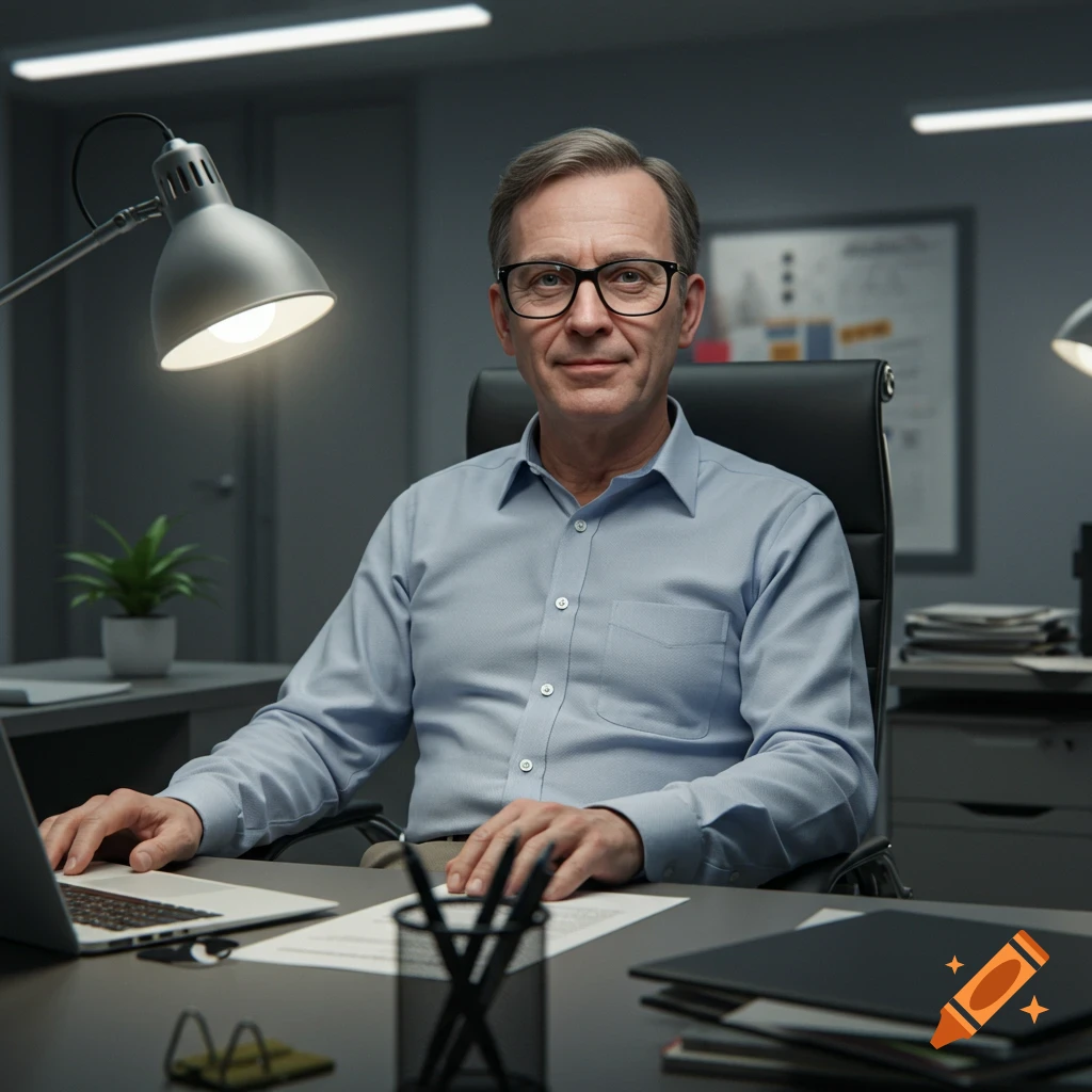 A middle-aged man in glasses and a blue shirt sits at a desk in a modern office, smiling.