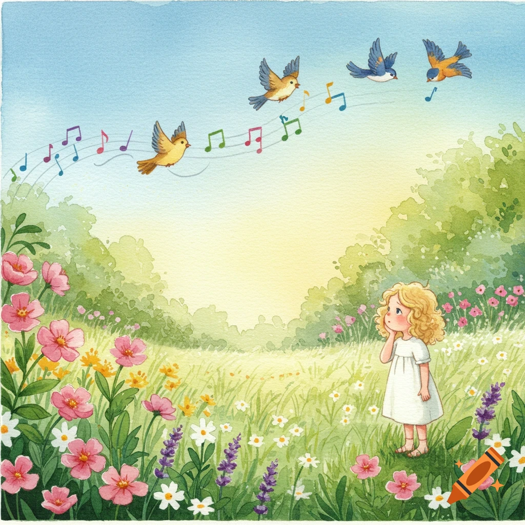 A watercolor illustration of a little girl in a field of wildflowers watching birds sing musical notes above her.