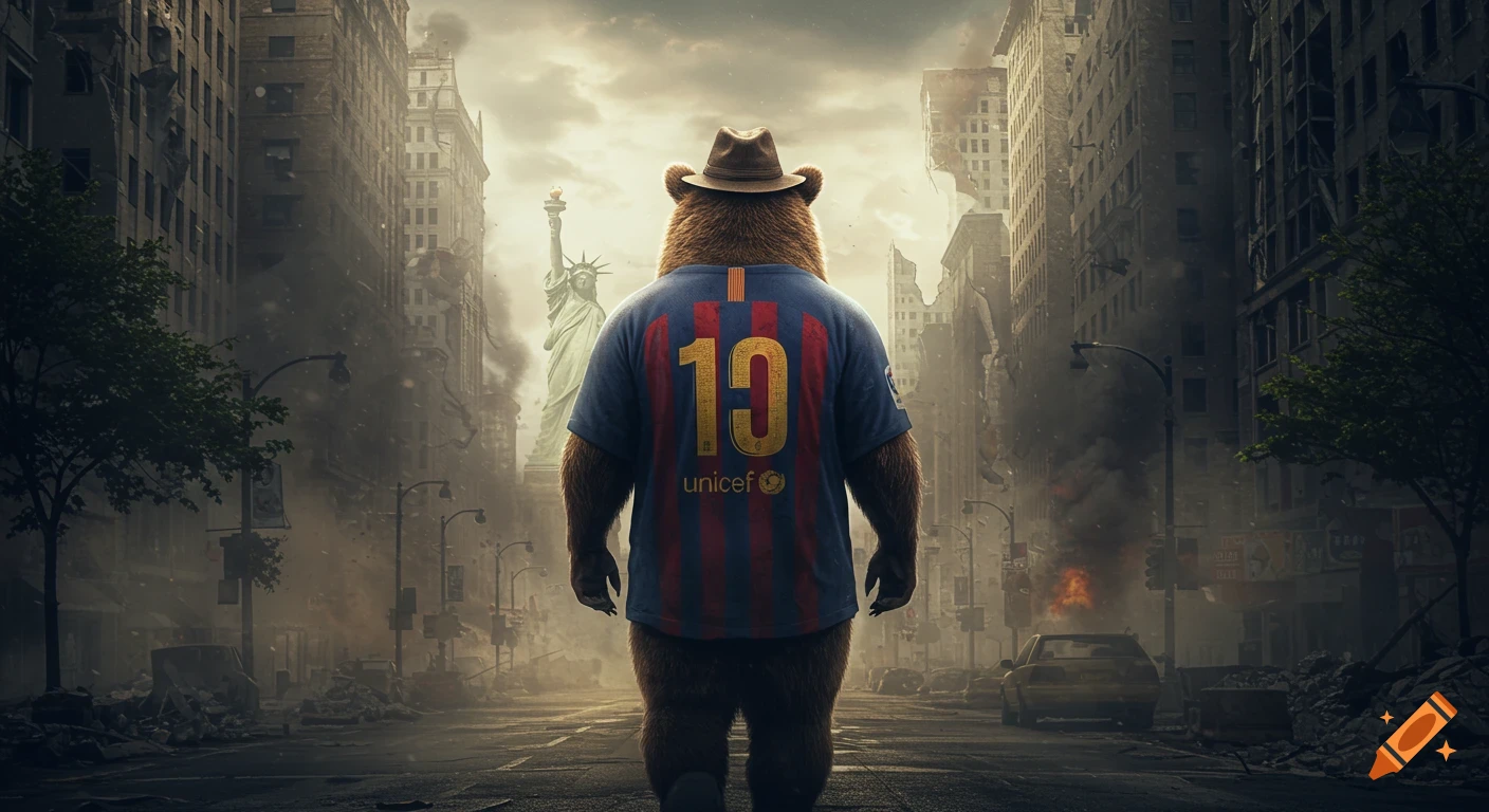Photorealistic humanized bear in Barcelona jersey walks away on a ruined, smoky post-apocalyptic New York street with the Statue of Liberty.