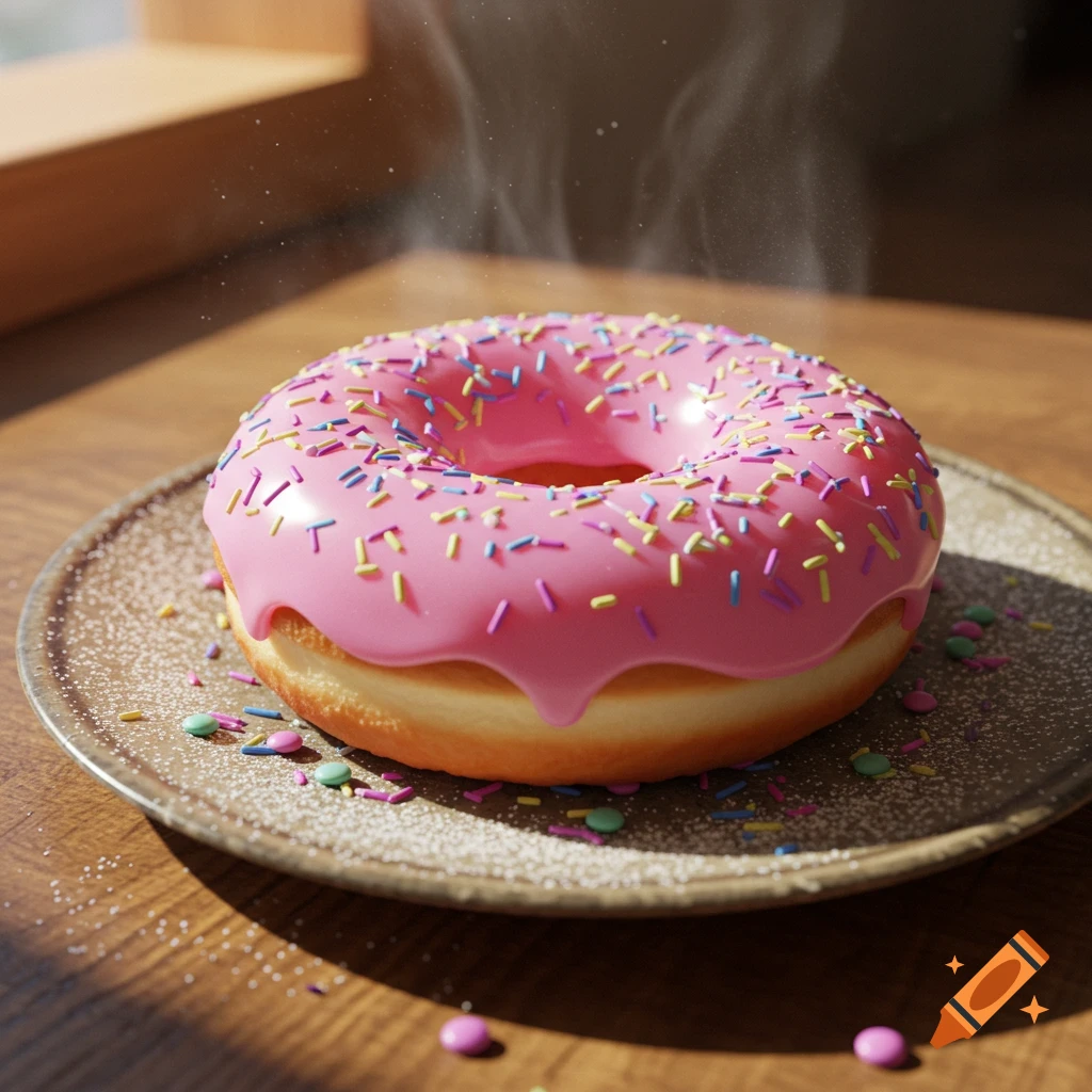 A steaming, pink glazed doughnut with colorful sprinkles on a brown plate sits on a sunlit wooden table. Photorealistic.