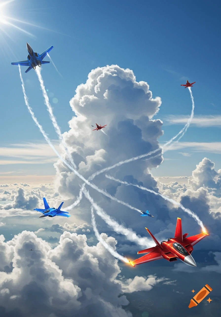 Several blue and red fighter jets soar and leave white contrails in a bright blue sky with large white clouds.