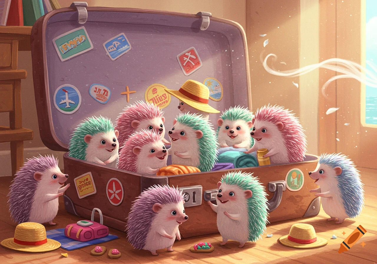 A large group of cute, pastel-colored hedgehogs packing into a brown suitcase, preparing for a Pixar-style vacation.