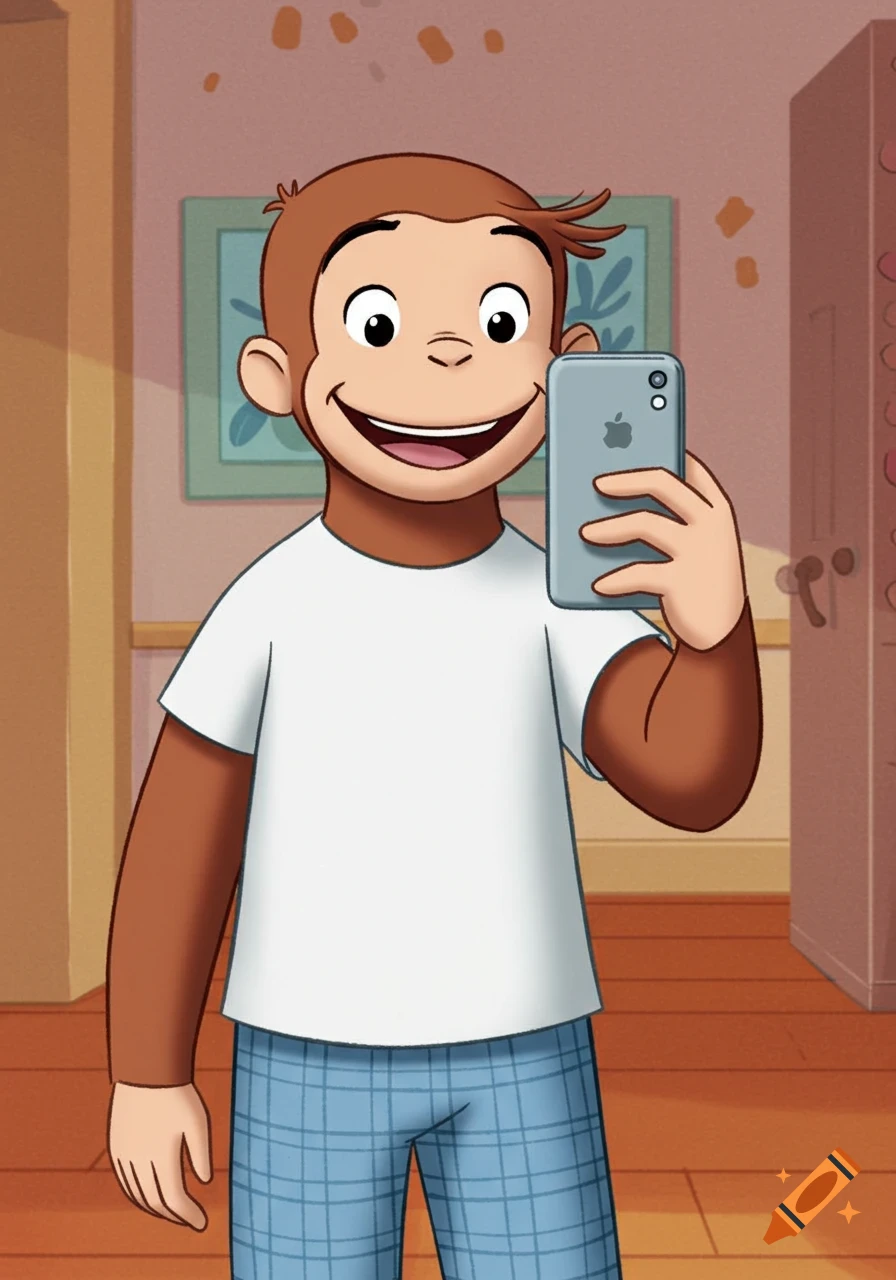 Curious George cartoon monkey takes a selfie with a phone, wearing a white t-shirt and blue plaid pants, with a cheerful expression.