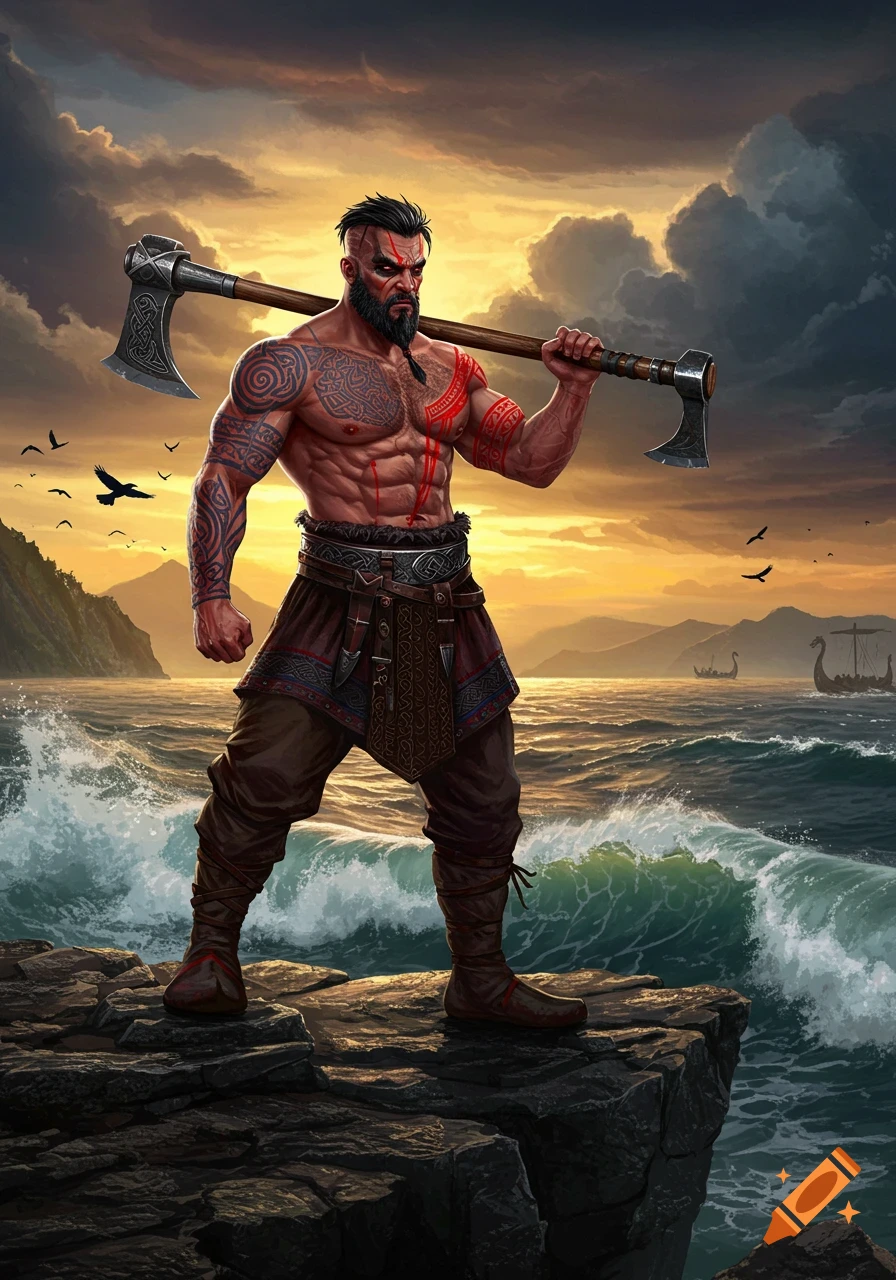 Muscular Viking man with red markings and tattoos stands on a rocky cliff holding a double axe, with a stormy sea and sunset sky in the background.