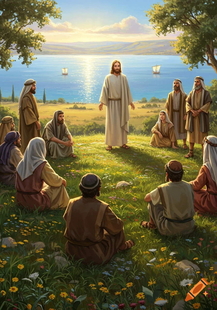 Jesus preaches to a group of disciples seated on a grassy hill overlooking the Sea of Galilee, painted in a vibrant style.