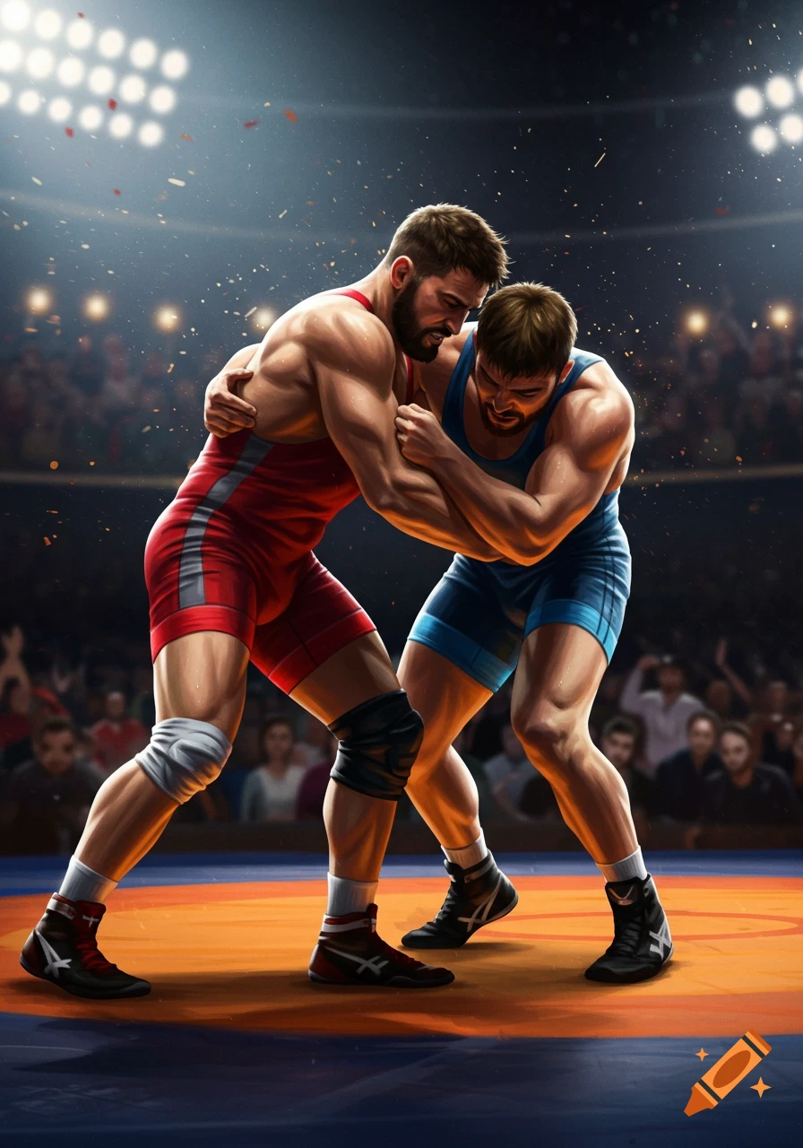 Two muscular male wrestlers in red and blue singlets grapple in a spotlighted wrestling ring, surrounded by a blurry stadium crowd. Digital art style.