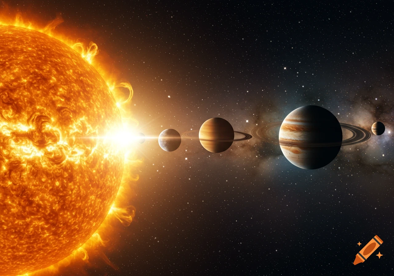 A vibrant, colorful depiction of the solar system showing the Sun and multiple planets, some with rings, against a starry cosmic background.
