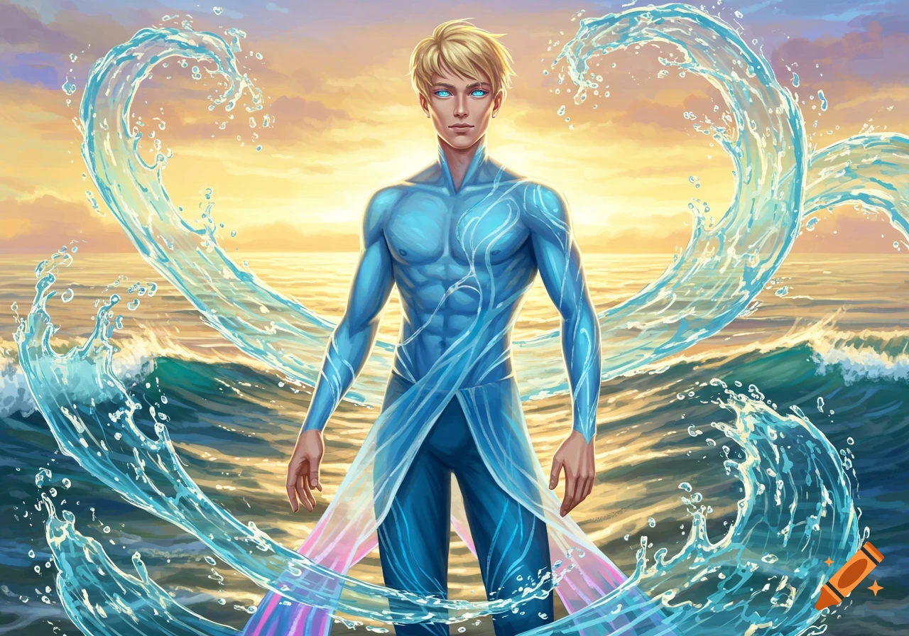 Blond man with blue eyes in a water-themed outfit stands in the ocean at sunset, surrounded by swirling water.