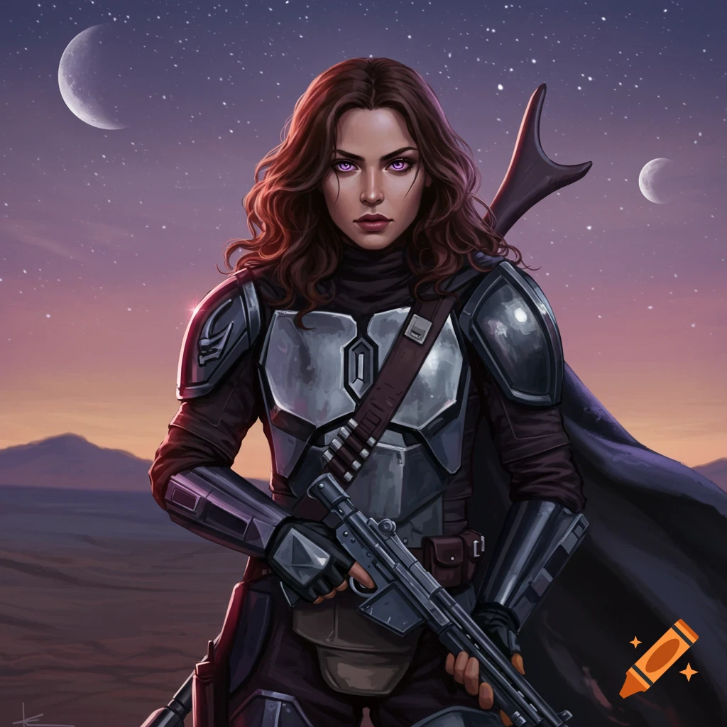 A woman with brown hair and purple eyes in Mandalorian armor holds a rifle under a starry desert sky with two moons. Digital art.