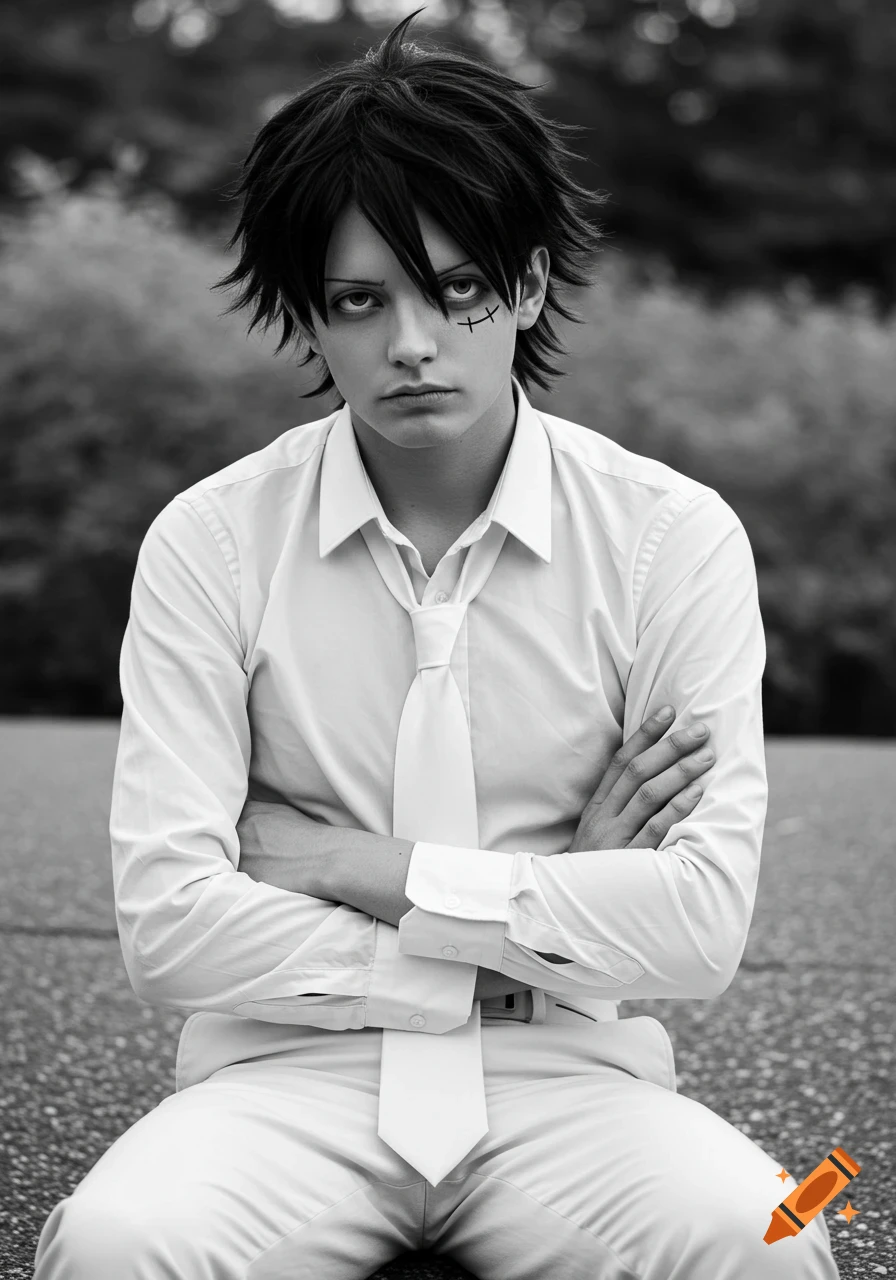 Black and white photo of a person cosplaying Luffy, sitting with crossed arms and a serious expression.