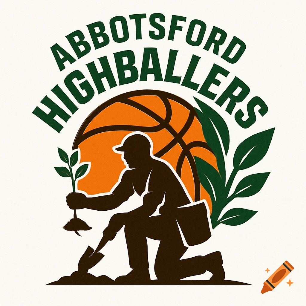 Stylized logo featuring a silhouette of a person planting a tree, a basketball, and green leaves, with the text "ABBOTSFORD HIGHBALLERS" above.