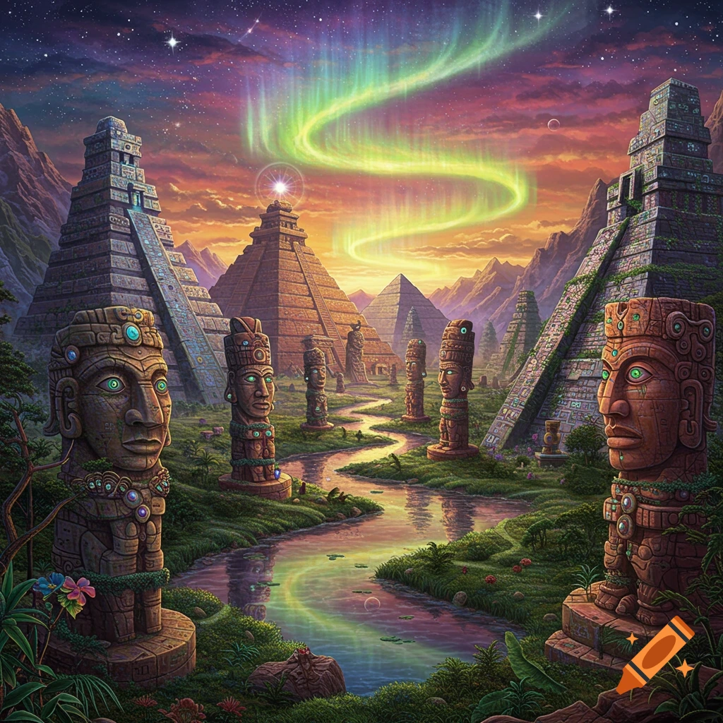 Vibrant, psychedelic landscape with ancient pyramids and large stone statues alongside a winding river under a starry, aurora-lit sky.