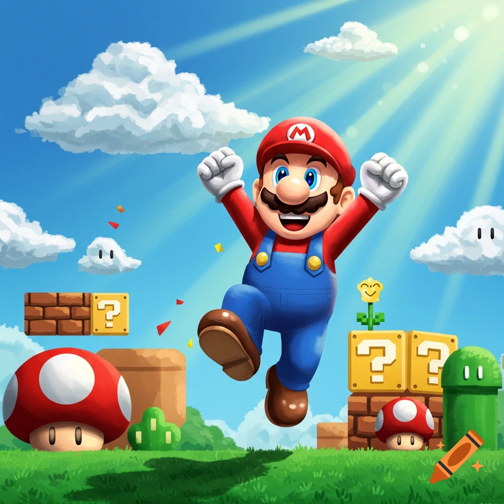 Super Mario jumps joyfully under a bright blue sky, surrounded by classic Super Mario elements like question blocks and mushrooms.
