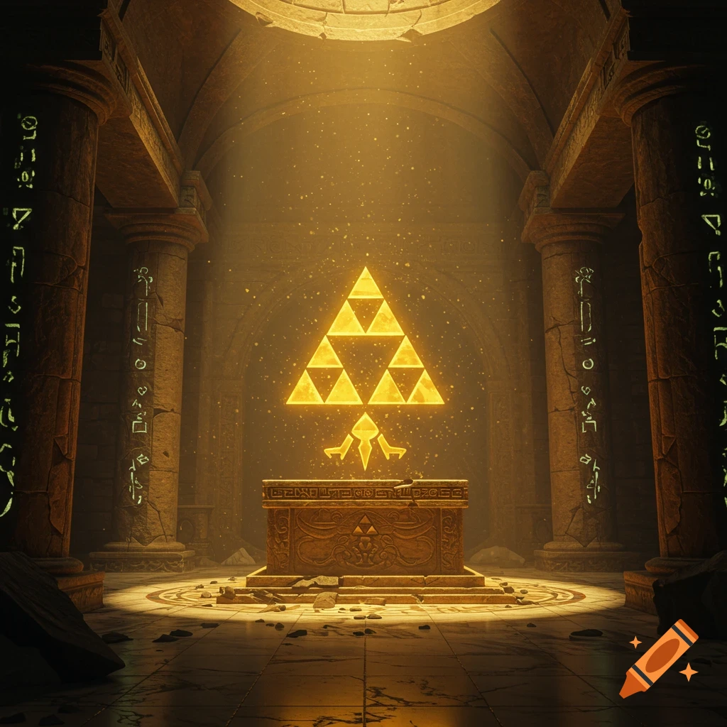 A glowing golden Triforce hovers above an ornate stone altar in a grand, ancient temple with inscribed pillars, illuminated by a celestial light.