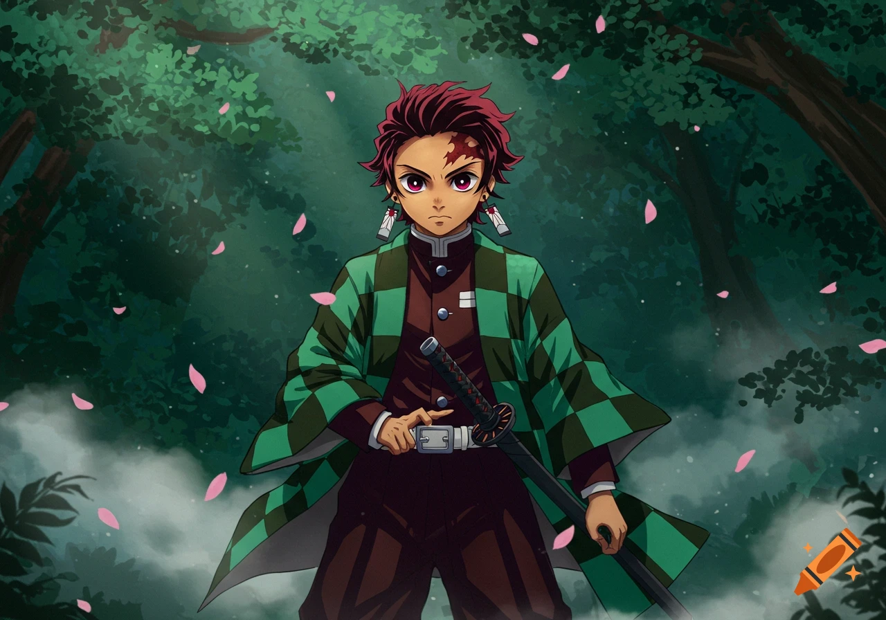 An anime character, Tanjiro Kamado, stands in a forest with pink petals falling. He has red hair and holds a sword.