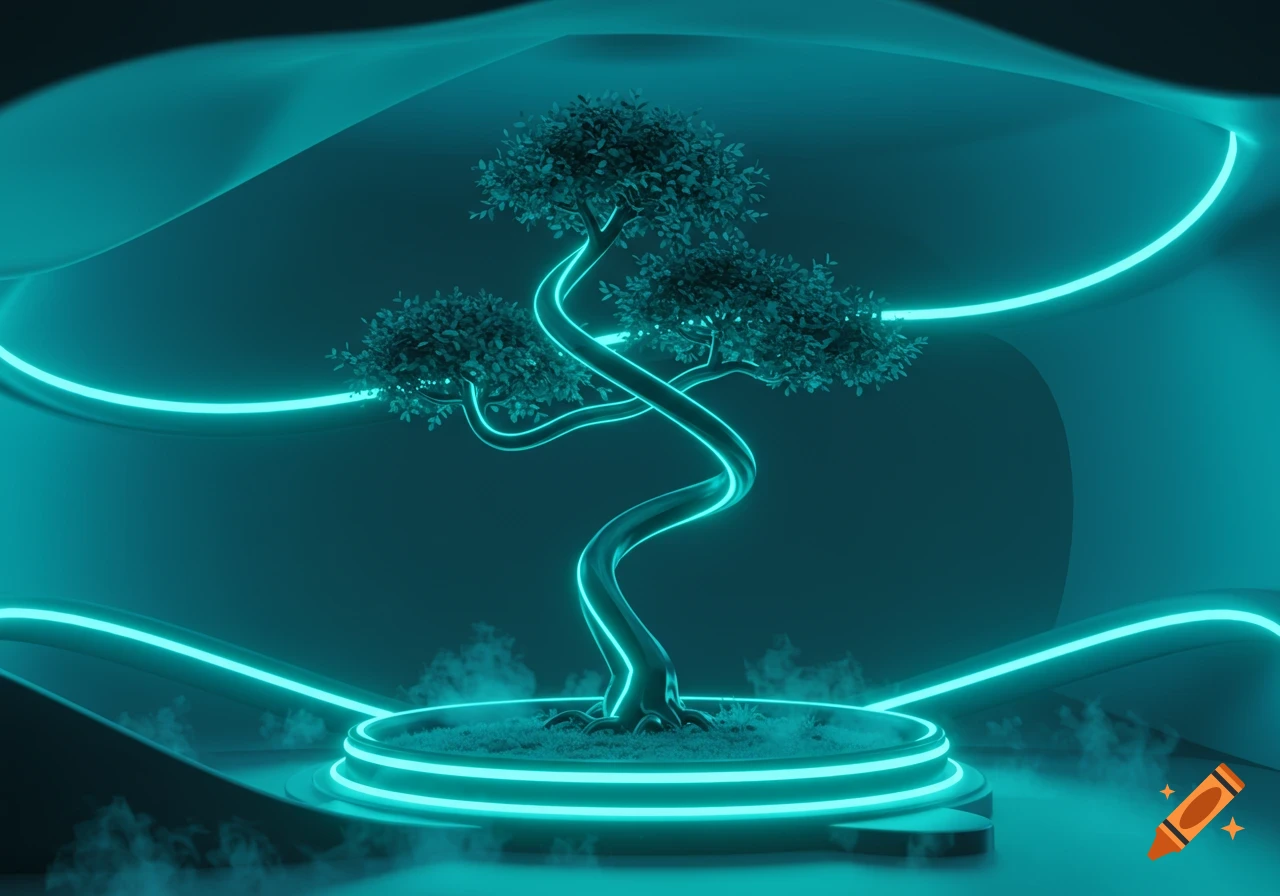 A glowing teal neon bonsai tree on a platform with surrounding lights and smoke in a dark teal environment, 3D art.
