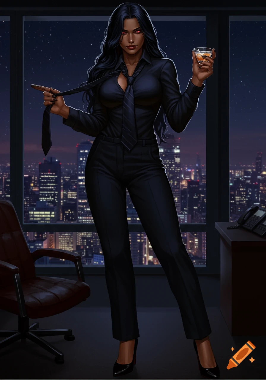 A tall woman with long black hair and crimson eyes in a dark suit with a loosened tie, holding a drink in an office overlooking a night city skyline, digital art.