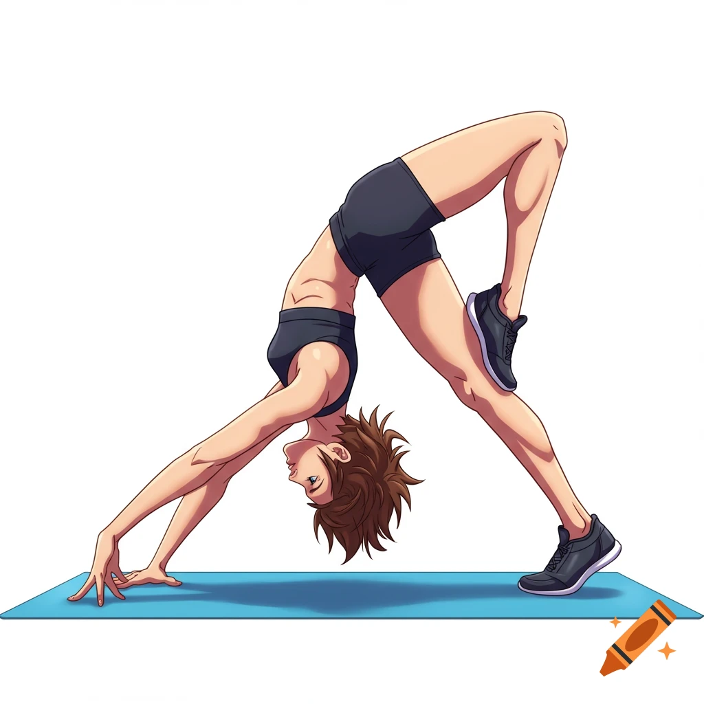 Anime illustration of a young woman in a yoga downward dog pose with one leg raised, on a blue mat.