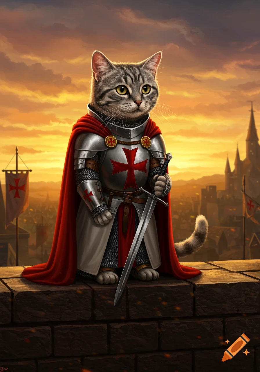 A tabby cat in Templar knight armor with a red cape stands on a stone wall, holding a sword, overlooking a medieval city at sunset.