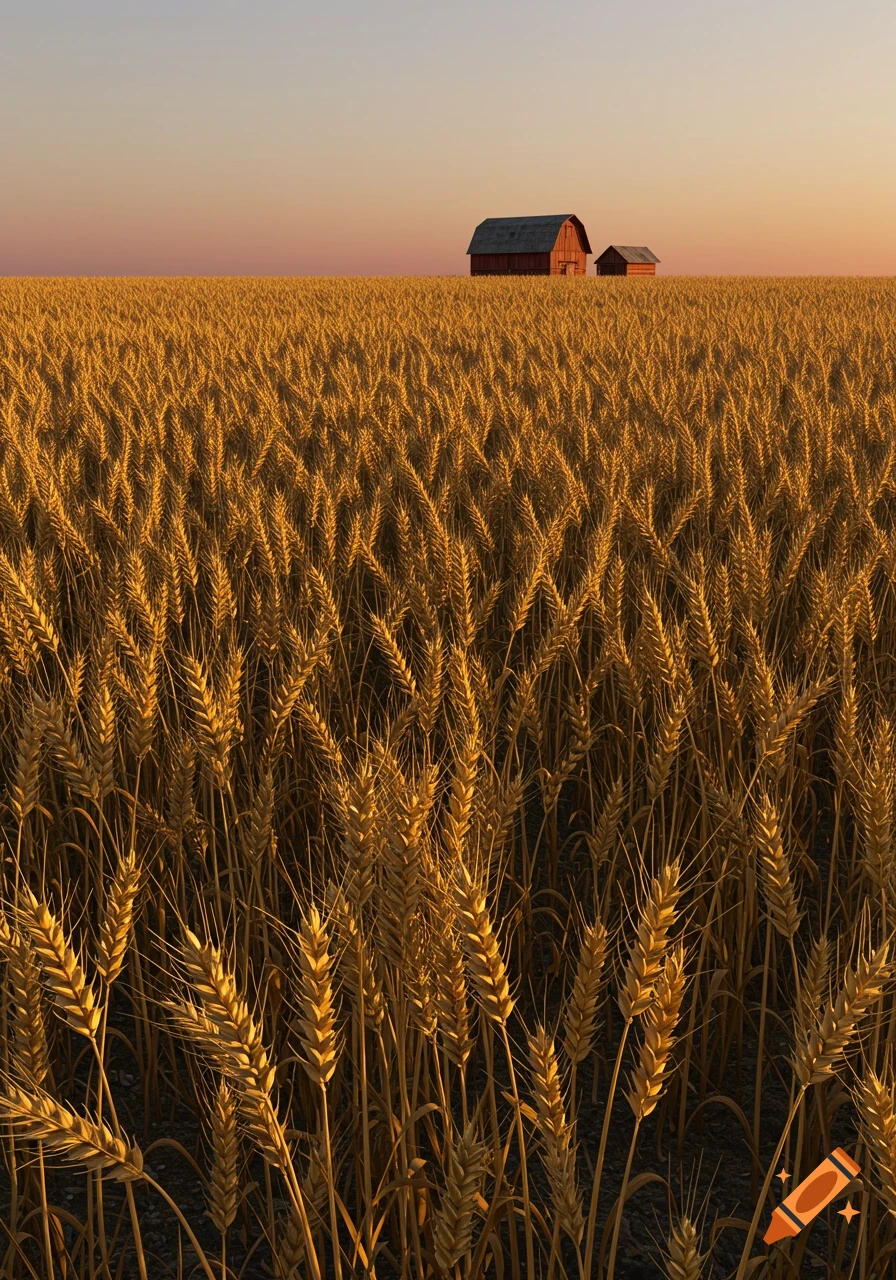 A golden field of wheat stretches under a soft sunset sky, with a red barn and smaller outbuilding in the distant horizon.