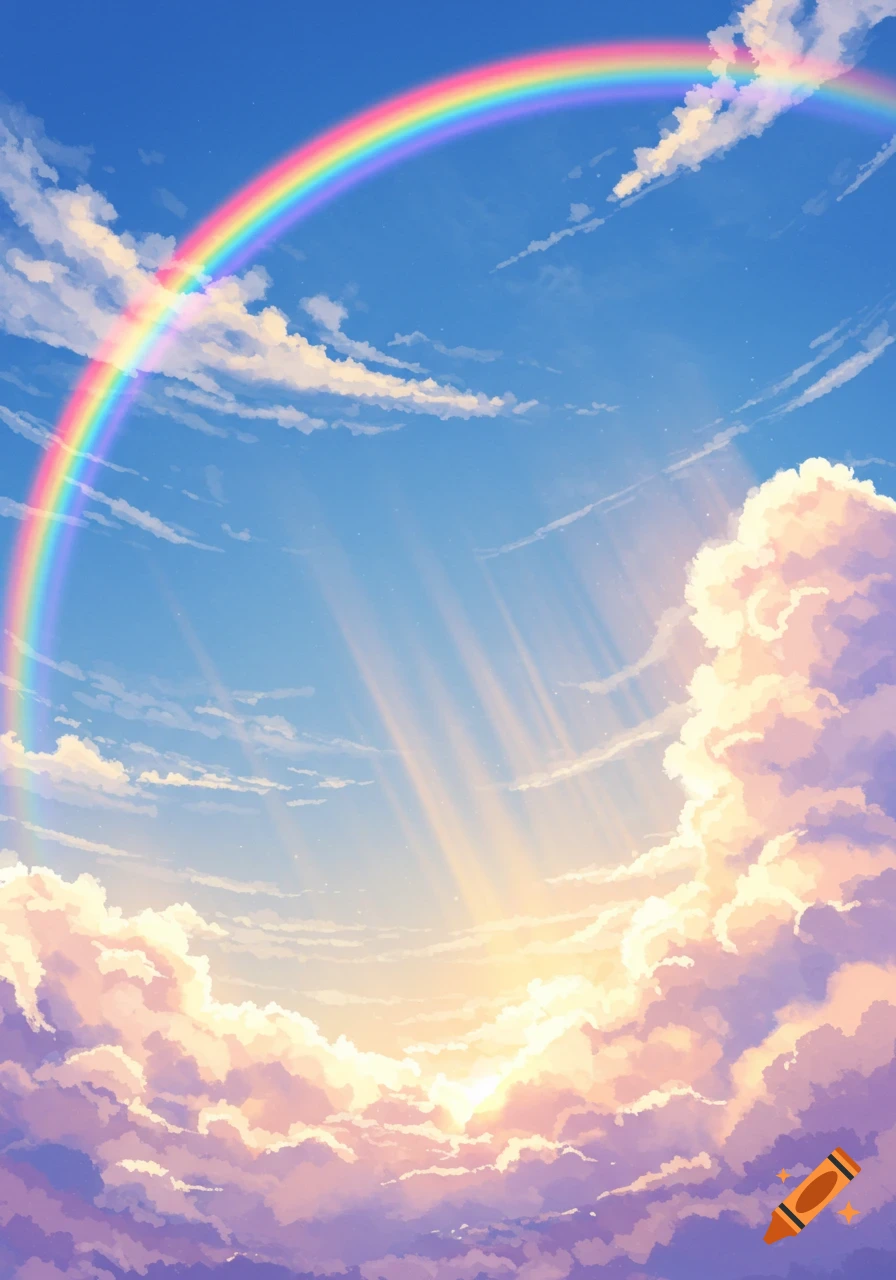 A vibrant anime-style illustration of a bright blue sky with fluffy clouds, a large rainbow, and sunbeams breaking through.