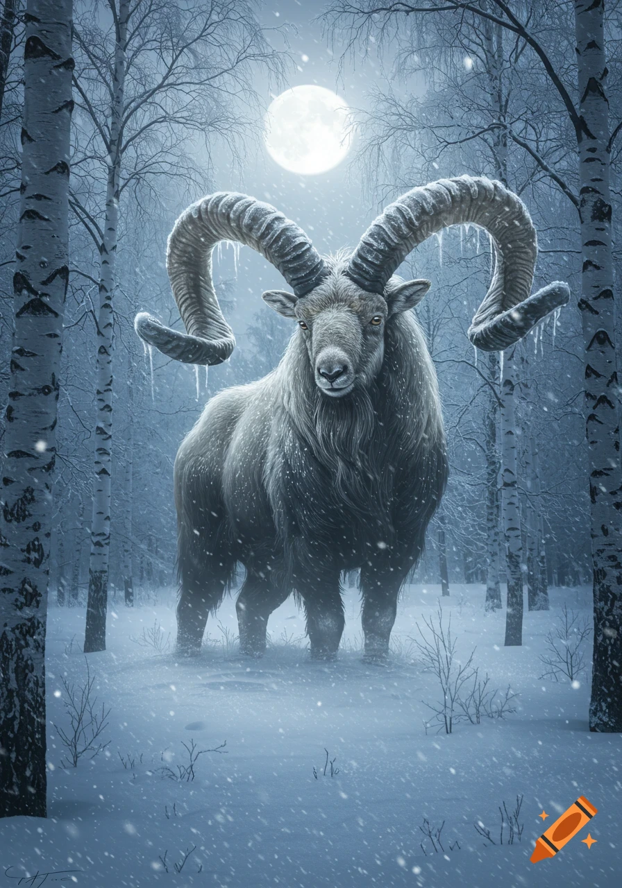 A majestic, shaggy white goat with massive curled horns stands in a moonlit, snowy forest with falling snow.