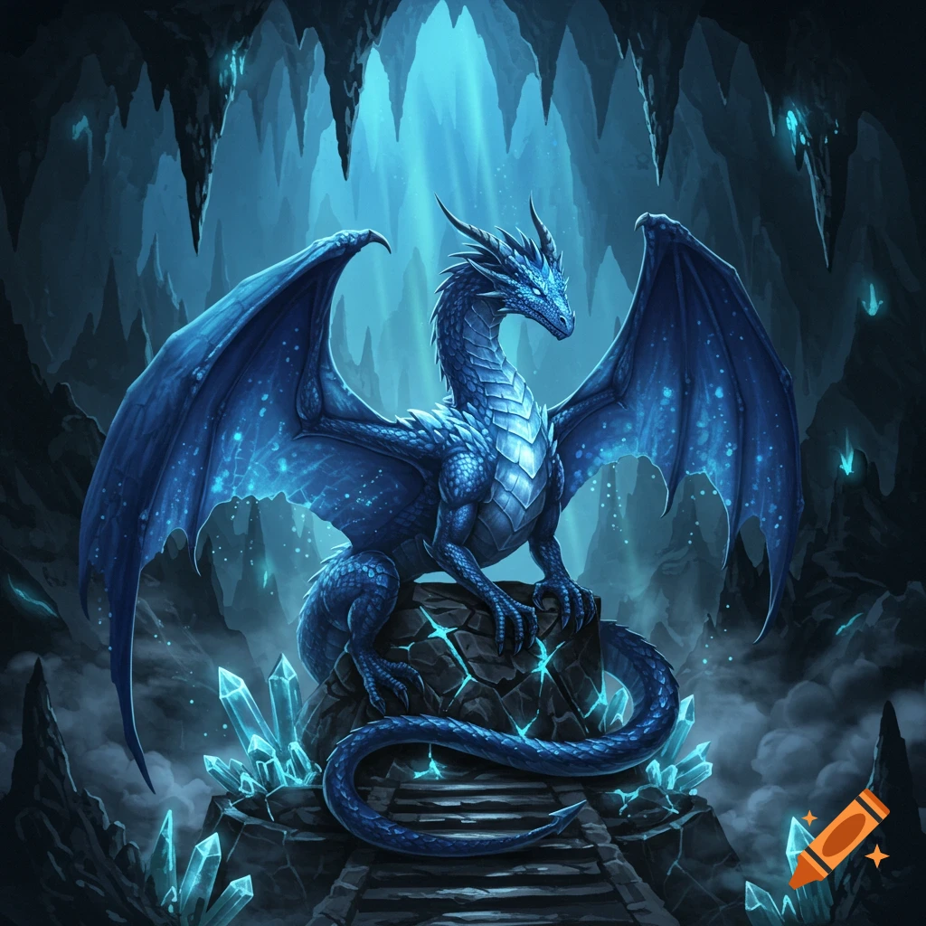 A majestic blue dragon with glowing scales and large wings sits on a rock surrounded by crystals in a dark, ethereal cave.