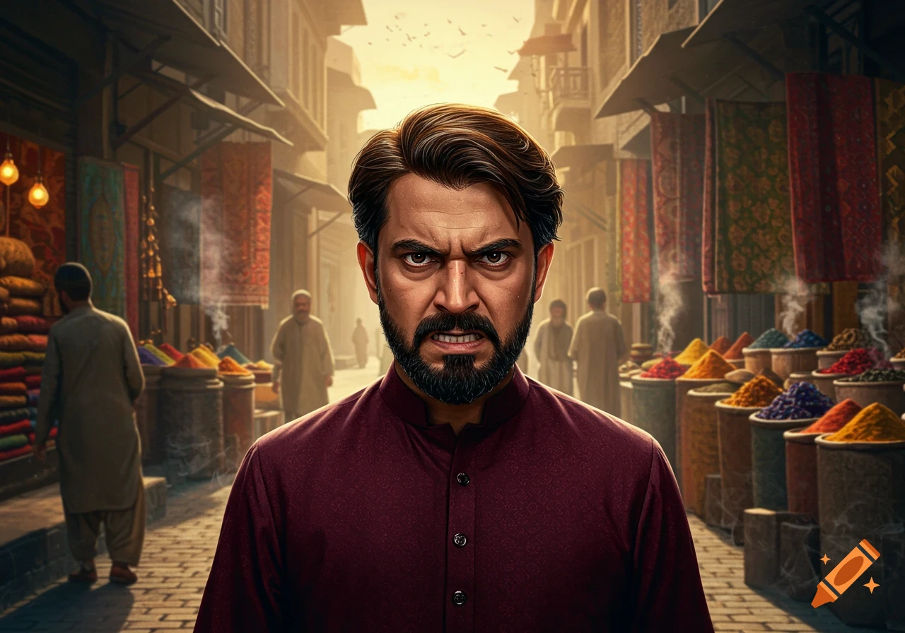 An angry man with a beard in a dark shirt stands in a vibrant market, with stalls of colorful spices and fabrics behind him.